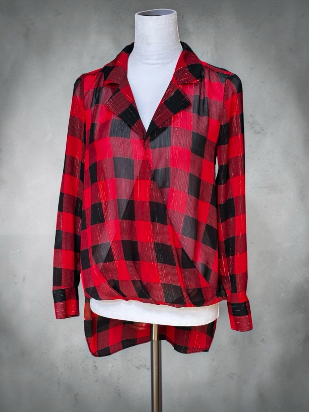 BAR lll Women's Metallic Buffalo Plaid Surplice High-Low Tunic Top (S)